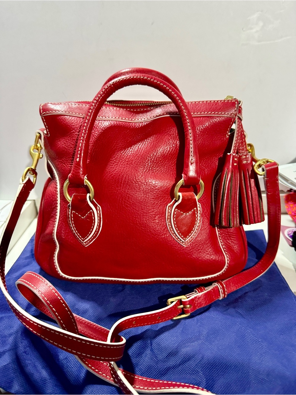 Dooney & Bourke Red Leather Satchel  Tassel Crossbody Strap Florentine Savannah - Picture 5 of 16